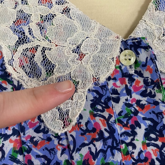 Vintage 80’s Blue Multi-Print Pleated Peplum Button-Up Blouse with Lace Collar - Picture 9 of 13